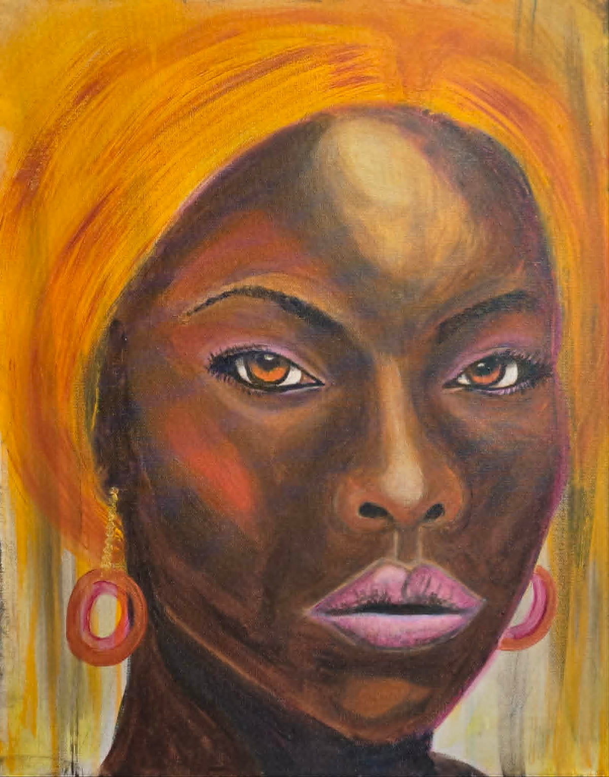 Original acrylic portrait painting of a woman in a golden headscarf with amber eyes on canvas board