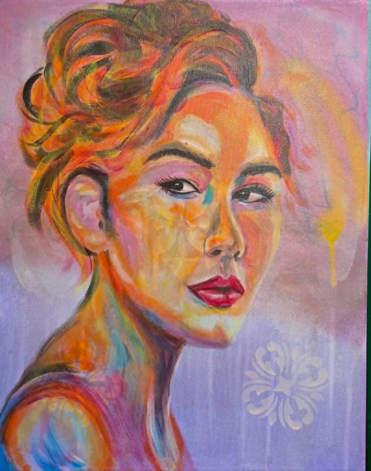 Original acrylic portrait painting of a woman in warm golden and lavender tones on canvas board