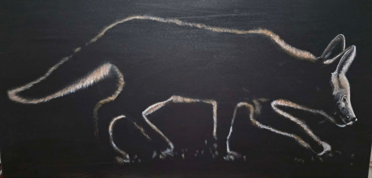 Original oil painting of a fox silhouette in motion against a dark background, painted on stretched canvas