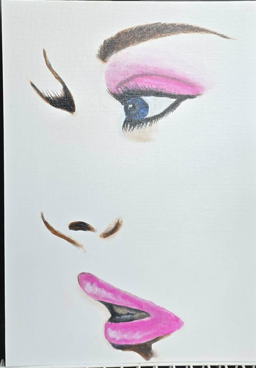 Original acrylic painting of a woman's eye with pink eyeshadow and magenta lips on a white canvas board