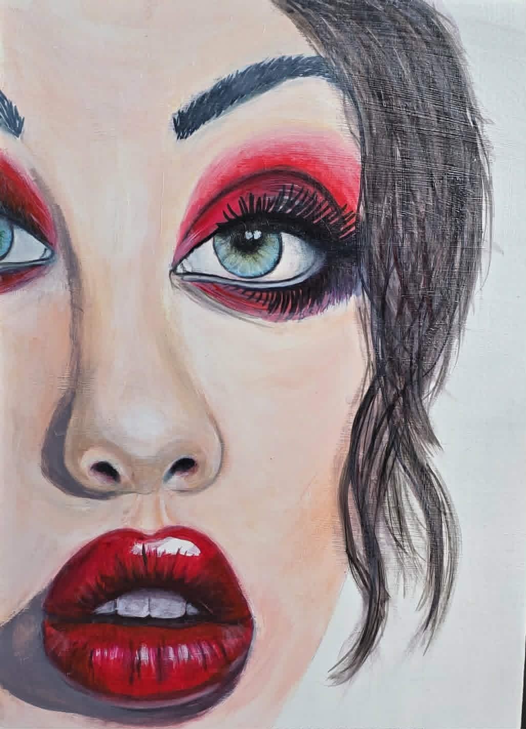 Scarlet — original acrylic portrait painting, bold red eyeshadow, crimson lips, teal eye