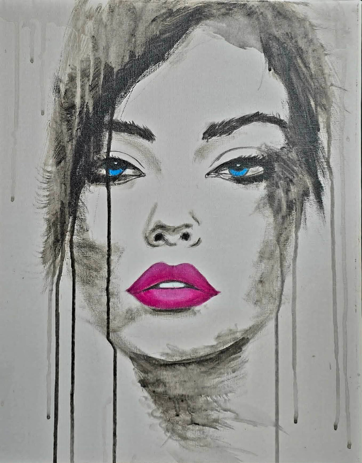 Original acrylic portrait painting of a woman with blue eyes and magenta lips, monochromatic with gestural paint drips, on canvas board